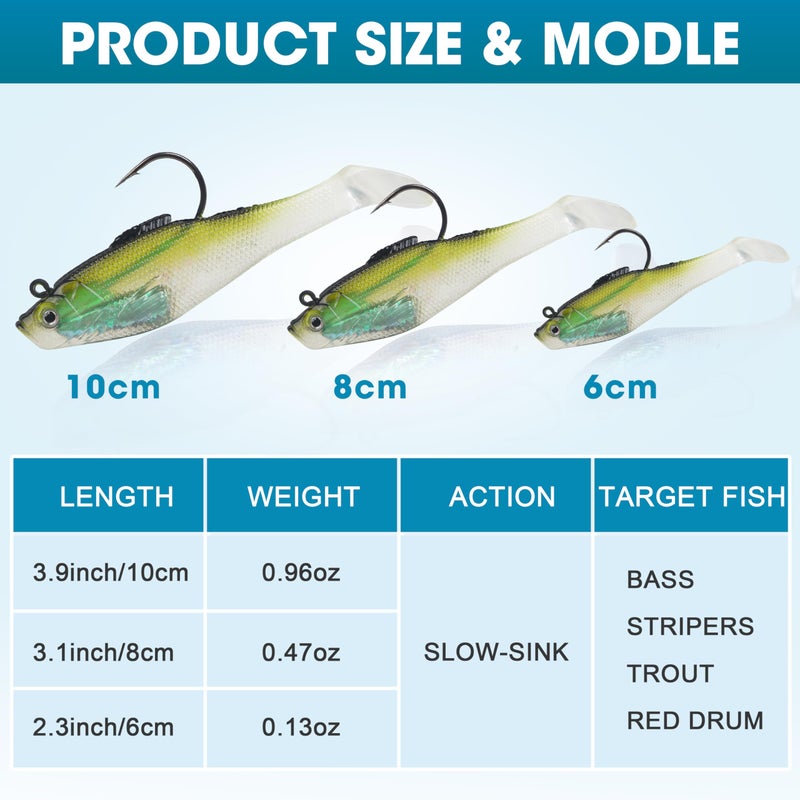 SILANON Soft Fishing Lures Pre-Rigged Swimbait Jig Head Paddle Tail Swim Baits Swim Shad Lures Soft Plastic Swimbait Bass Trout Walleye Sinking Baits Fishing Lures Kit for Saltwater Freshwater - Image 5